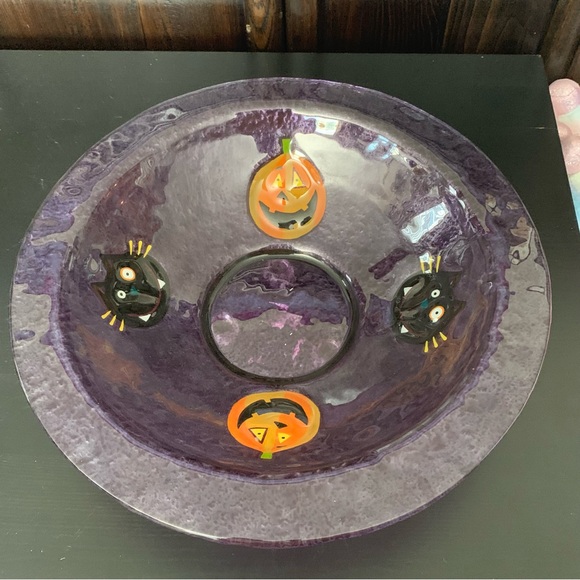 Vintage Purple Glass Halloween Bowl Jack O’Lanterns Black Cats - Picture 2 of 9